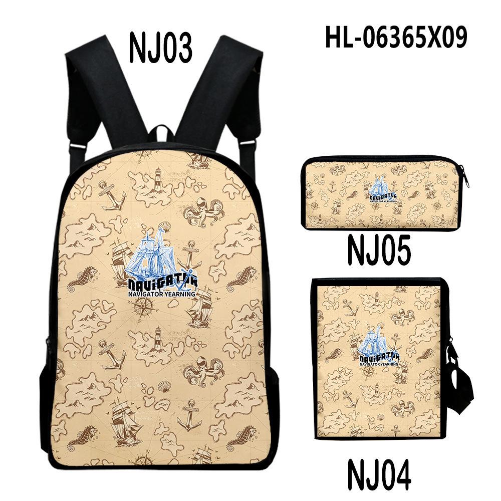 Classique Nouveauté Rétro navigation Impression 3D Set de 3 pièces Sacs d'école pour élèves Sac à dos pour ordinateur portable Sac à dos Sac à bandoulière incliné Trousse à crayons
