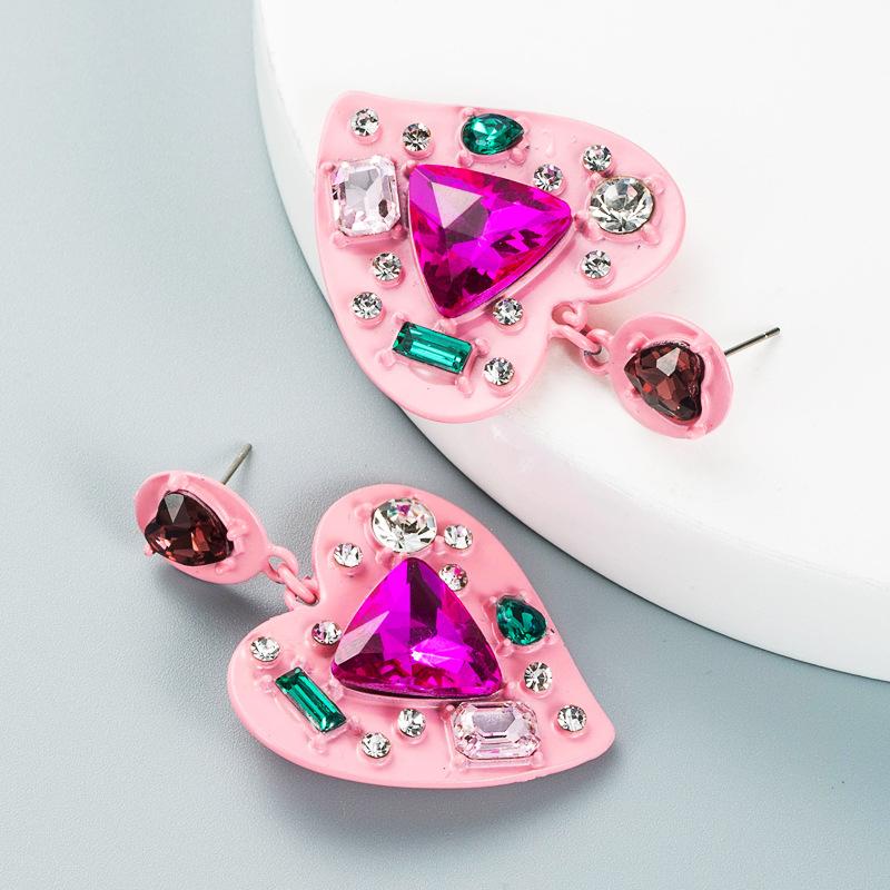 Women's Study Earrings Creative Exaggeration Alloy Spray Paint Rhinestone Inlaid Crysrtal Love Heart Temperament Earrings