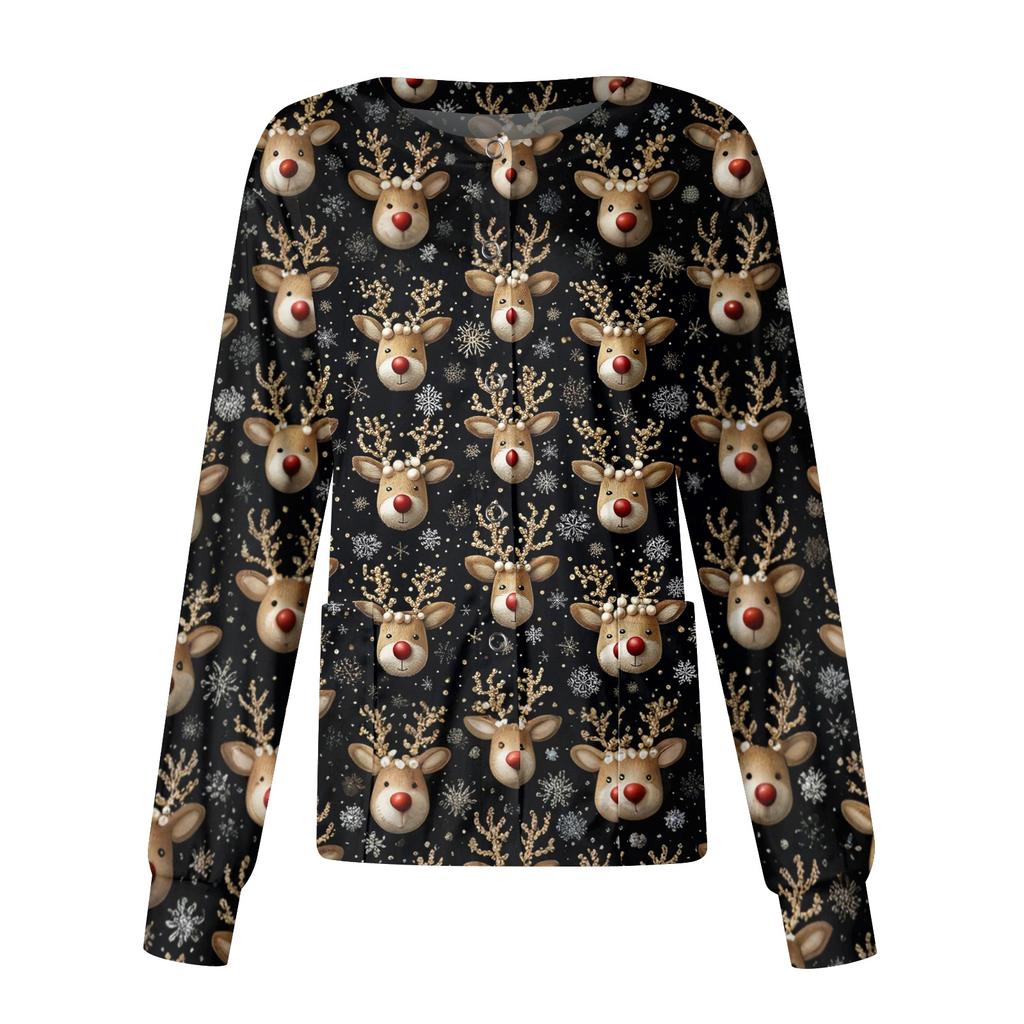Women's Christmas-printed Casual Long-sleeved Single-breasted Work Uniform Cardigan