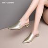 Fashion 2025 New Women Thick Heels New Arrival Rhinestone Pointed Toe Genuine Leather Slippers Mules Summer Crystal Sandals Shoes Woman