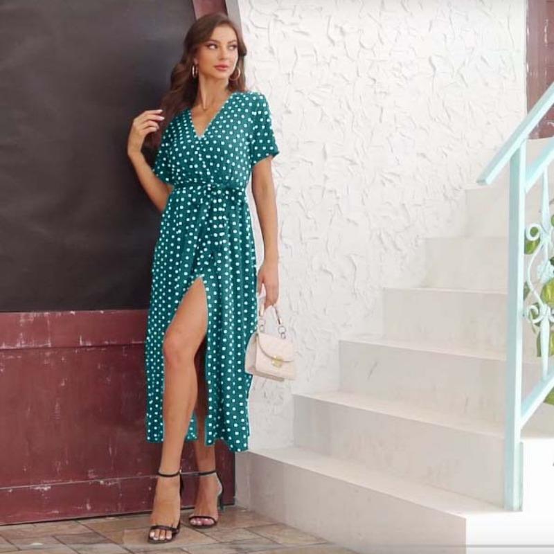 

Летнее платье с коротким рукавом и V-образным вырезом в стиле бохо с принтом в горошек 3XL павлин голубой