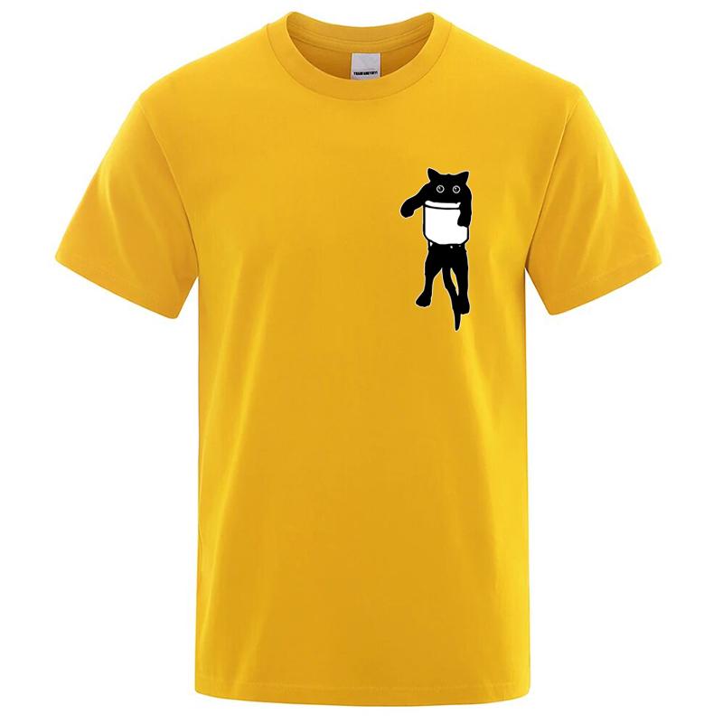 Men's High Quality T-shirt Cotton Blen Funny Pocket Cat Print Men Loose Cool O-neck T Shirt fo