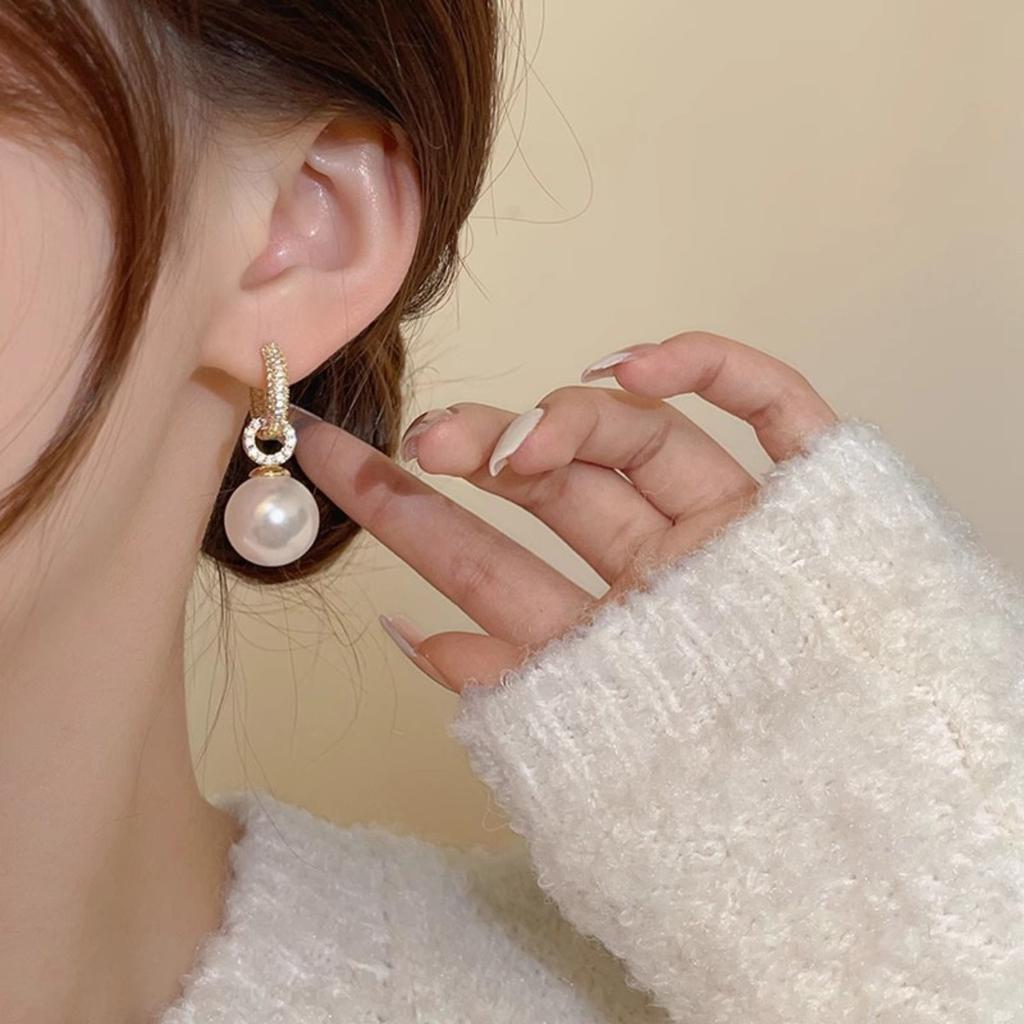 Elegant Paved Zircon Hoop Earrings with Pearl Dangle
