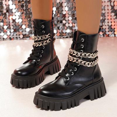 Fashion Spring Autumn Women's Ankle Boots Fashion PU Leather Gold Chain Platform Black Booties Punk British Style Casual Shoes Zapatos