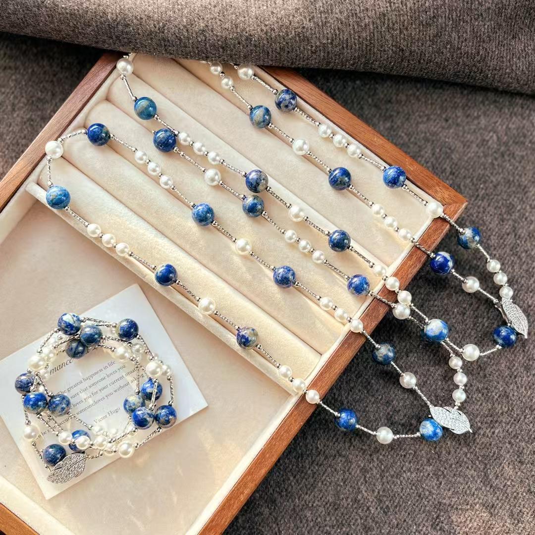 

Vintage High Quality Natural Lapis Lazuli Artificial Crystal Pearl Adjustable Sweater Chain Necklace Collarbone Chain