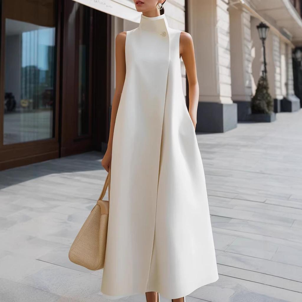 Women Elegant Sleeveless Midi Dress High Mock Neck Button Decor A Line Long Dress Loose Solid Color Vest with Pocket Office Business Formal Daily Wear