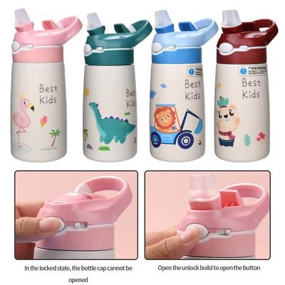 Bouteille pour Enfants 400ML Dinosaure de Dessin Animé Mug Thermos Canard Bébé Bec Verseur Paille Bouteille Isotherme Thermos en Acier Inoxydable 316