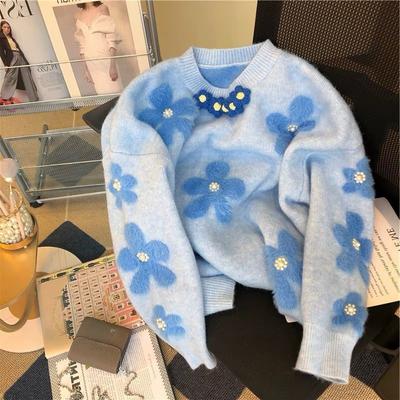 Fall Winter Faux Sable Soft Knit Sweater Women's Beaded Flower Niche Design Foreign Style Loose Pullover Comfortable Versatile Outerwear