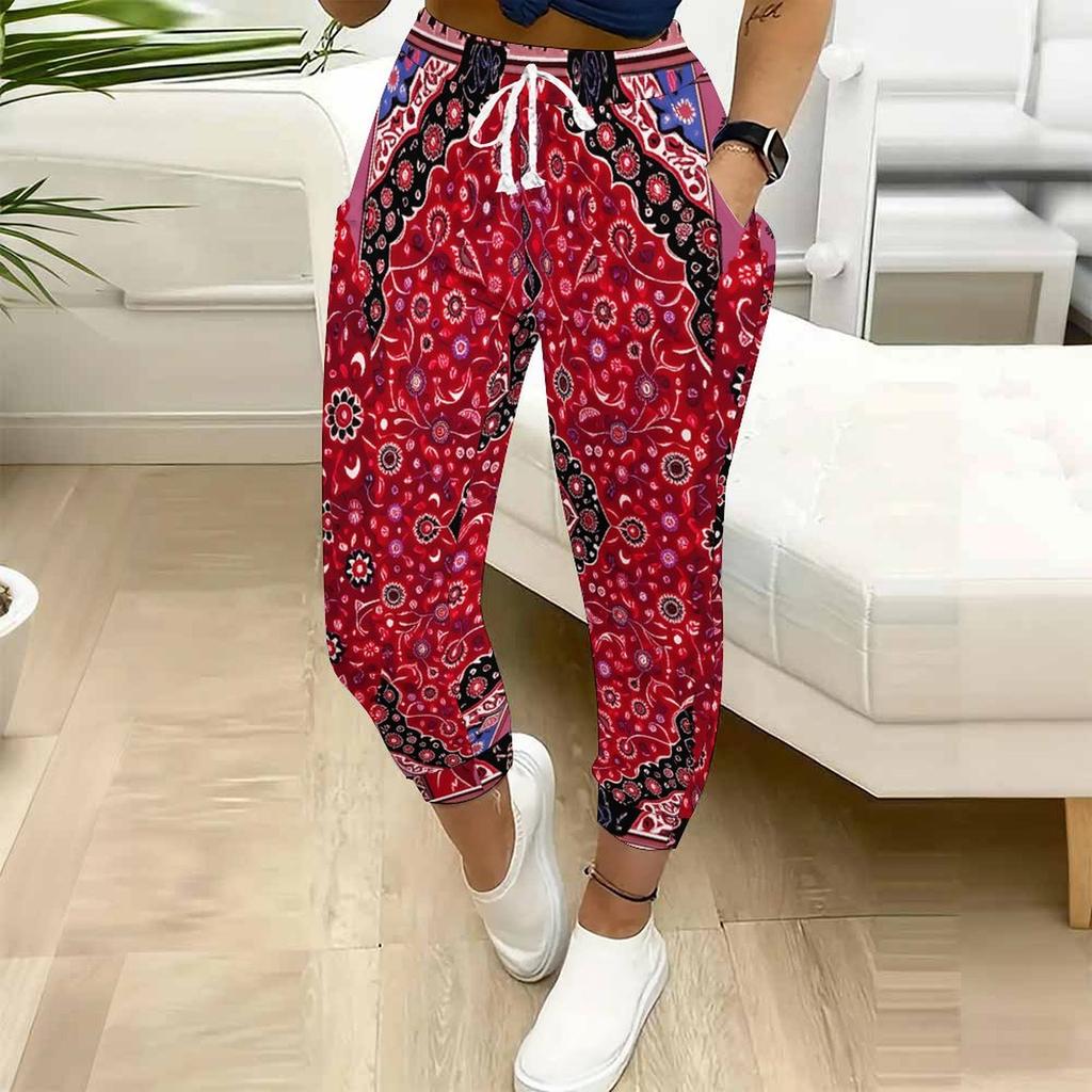 Summer Ladies Cashew Paisley Printed Sweatpants Loose Fit Drawstring Joggers Elastic Cuff Daily Casual Pants