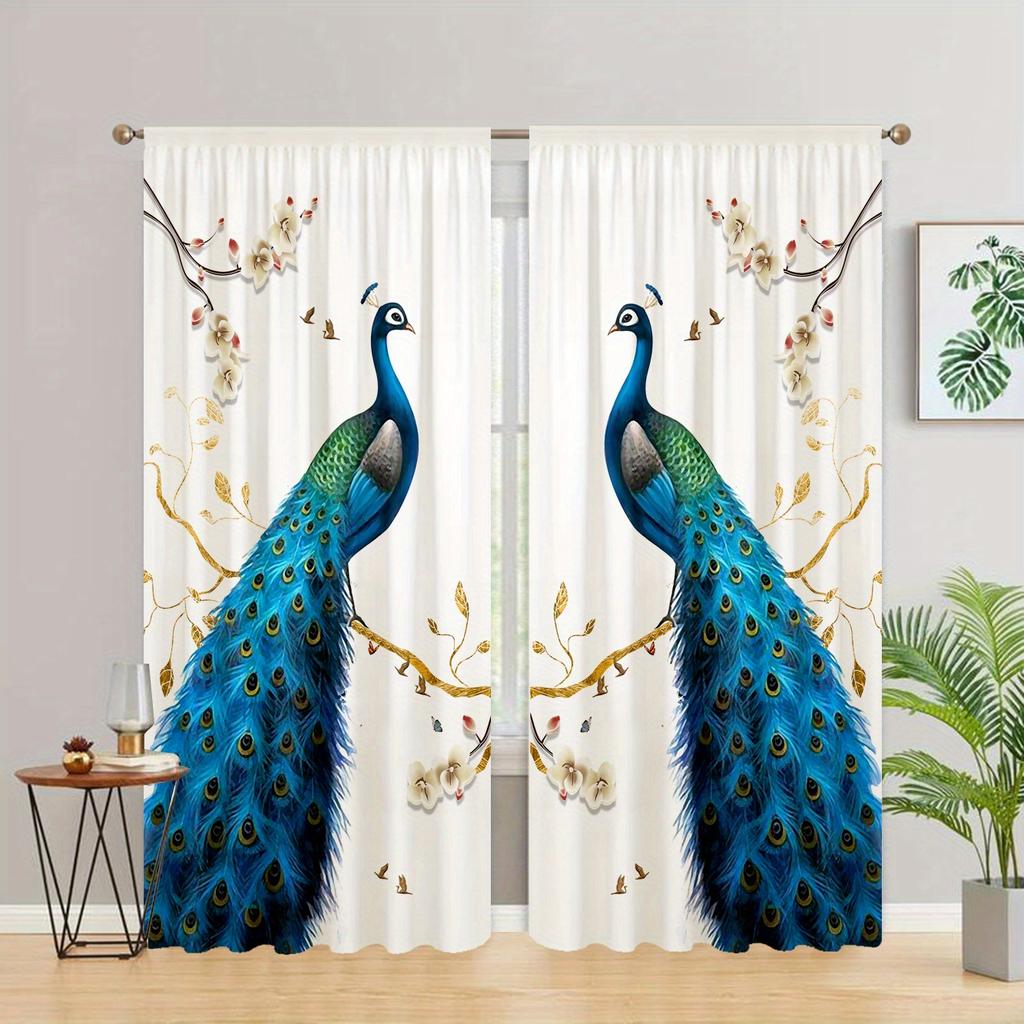 Peacock Print Curtains Window Treatment Bedroom Office Kitchen Living Room Study Home Decor Curtain Set Of 2 Made Polyester With Rod Pocket Washable