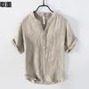Men's Linen Short-Sleeve Henley Stand Collar Shirt - Breathable Casual Loose-Fit Half-Button Top