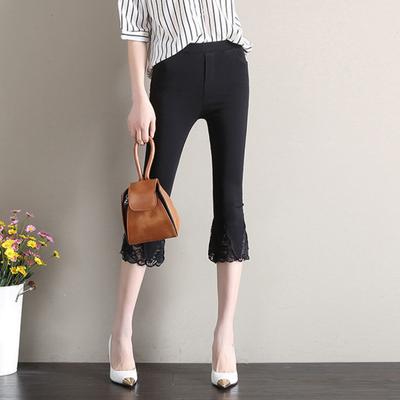 Women Cropped Pants Solid Color High Elastic Summer Flared Pants Lace