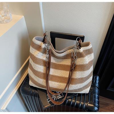 Autumn Contrasting Striped Woven Bag Large Capacity Shoulder Underarm Bag Casual Tote Bag Messenger Bag