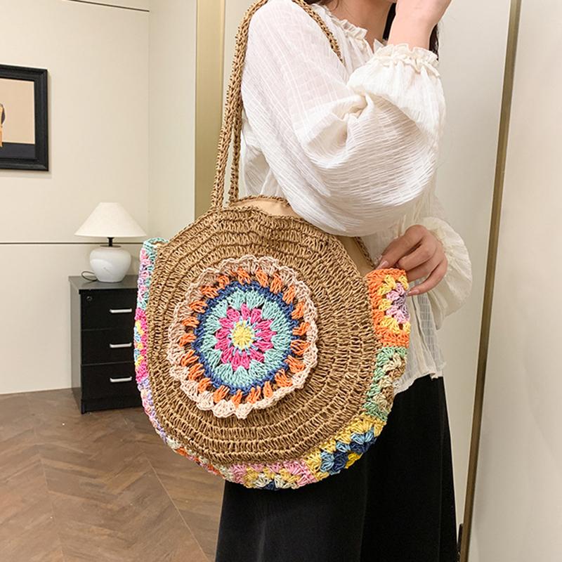 Kadın Moda Dokuma El Çantası Yuvarlak Hasır Dokuma Tote Çanta Tatil Omuz Çantası Büyük Kapasiteli Etnik Stil Seyahat Tatil için