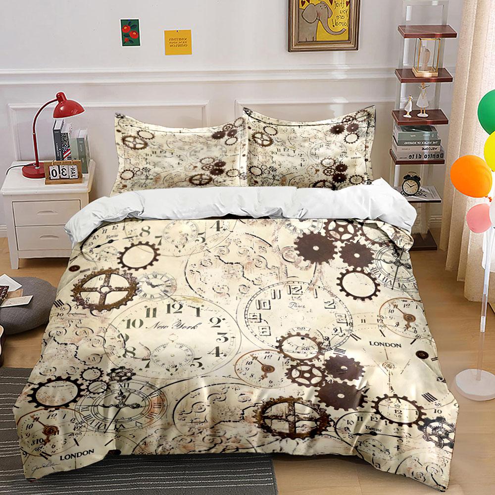 Vintage Clockwork Design Bedding Duvet Cover Set Duvet Cover Pillowcases (1*Duvet Cover 2*Pillowcases, without duvet insert)