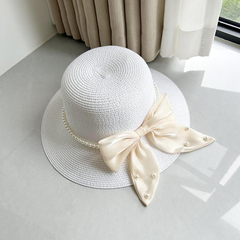 New Summer Elegant Hepburn Straw Hat For Women Fashion Pearl UV Protection Sun Hat Casual Simple Breathable Beach Hats