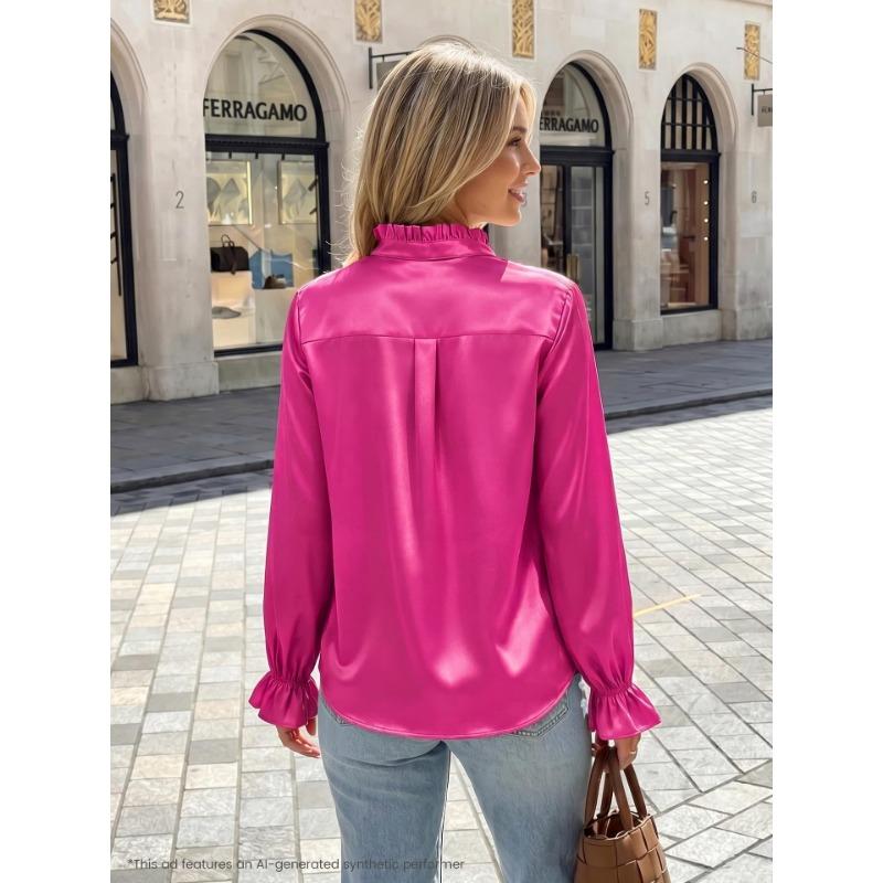 Women Business Casual Satin Ruffled Long Sleeve Polka Dot Blouse Shirt