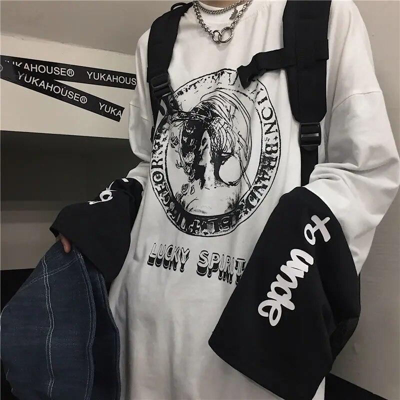 Koszulka 2KWEIRD dla Kobiet Jesień Anime Długi Rękaw Nadruk Y2k T-shirty Harajuku Męski T-shirt Top Streewear Casual Hip-pop Para Oversize T-shirt
