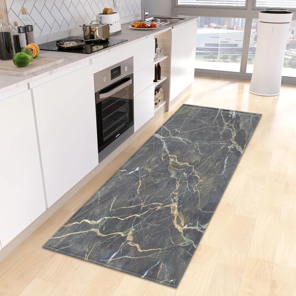 Marble Print Kitchen Runner Rug, Modern Gold  Black Vein Non-Slip Water  Oil Resistant Floor Mat