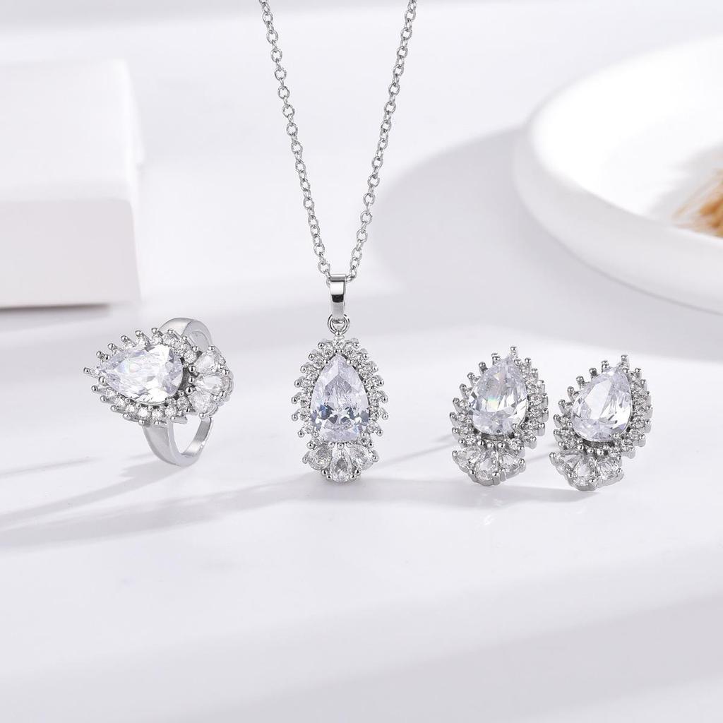 Minimalist Water Drop Zircon Jewelry Set: Pendant Clavicle Necklace, Stud Earrings, Adjustable Pear-Shaped Ring