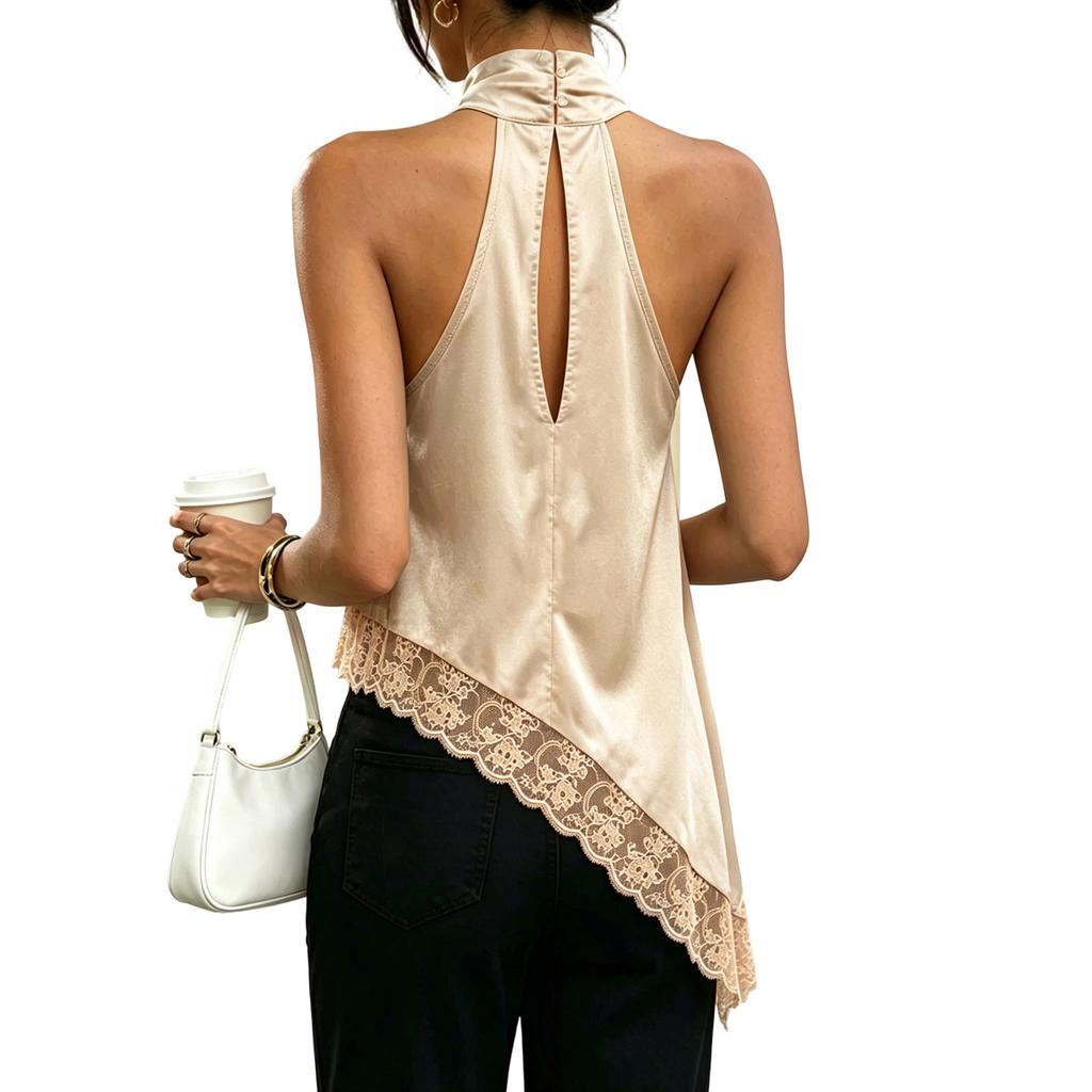 Damen Satin-Oberteil ärmellos mit Spitze und unregelmäßigem Saum Elegante lockere Bluse für den täglichen Gebrauch Ausflüge Büro