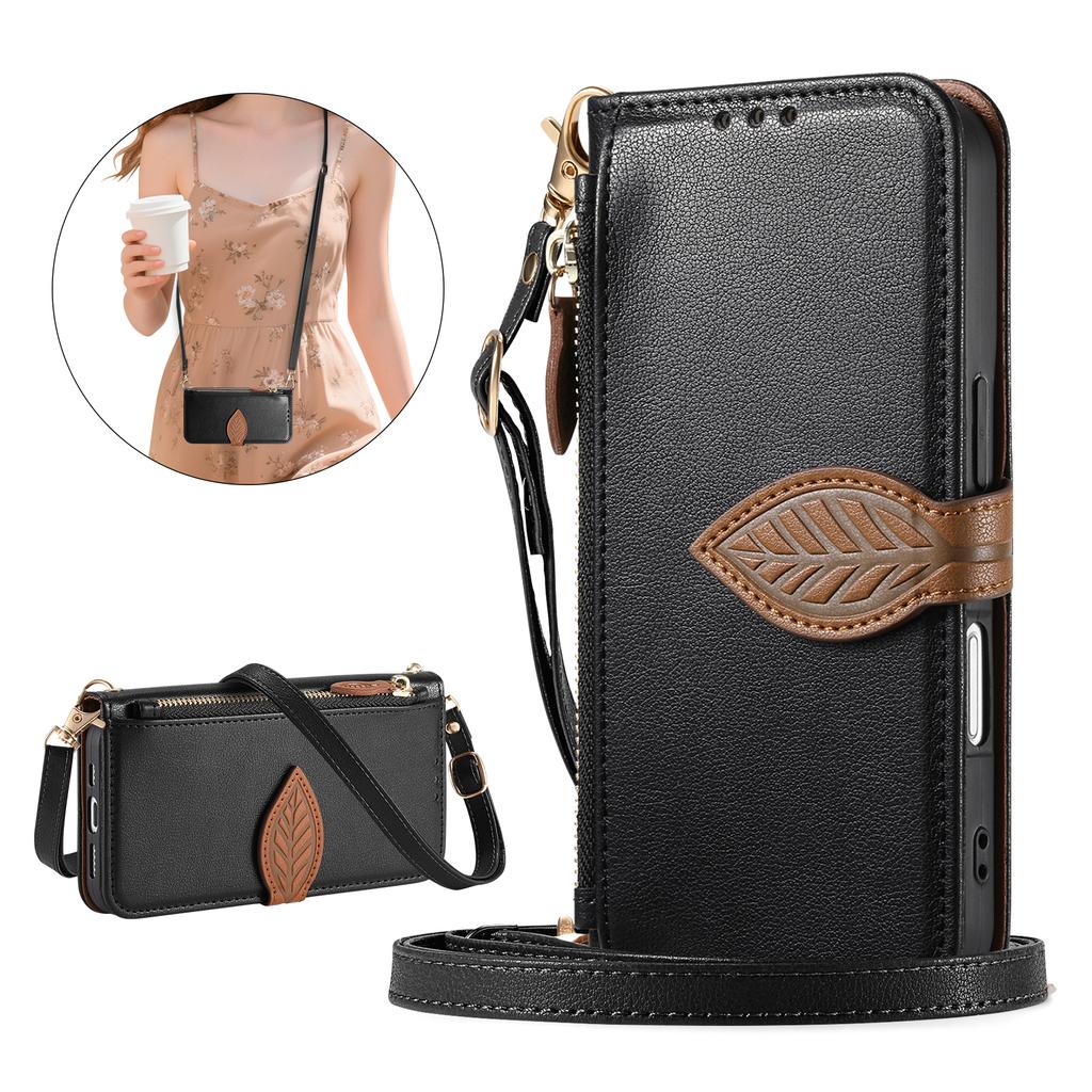 Blatt Umhängetasche Kartenfach Geldbörse Klapp Leder Handyhülle Für iPhone 17 Pro Max 16 Plus 15 14 13 12 Langes Lanyard Tasche Buchhülle