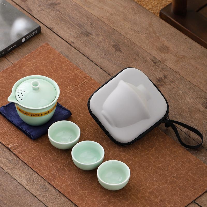 Portable Celadon Travel Teacup Tea Set Small Set Glass Outdoor One Pot Three Cups Ceramic Express Cup Brewing Teapot