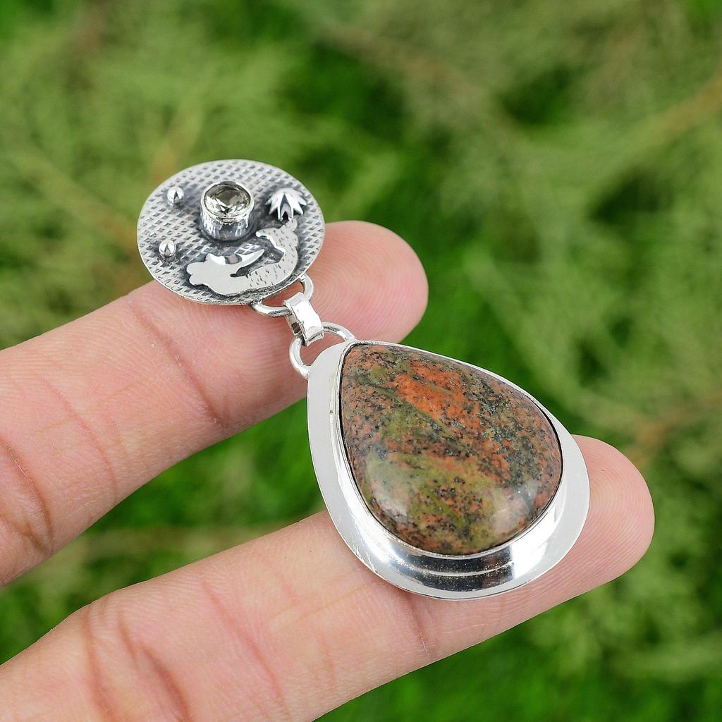 Sterling Silver Grass Garnet Stone Green Amethyst Trendy Mermaid Pendant Jewelry