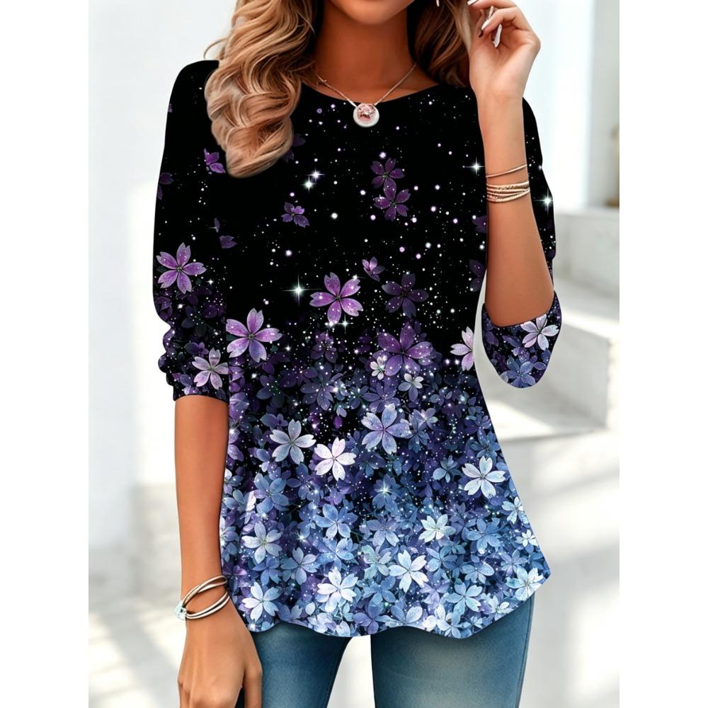 Women's Long Sleeve Crew Neck Pink Floral Glitter Print Casual T-Shirt, Regular Tops for Spring Summer Daily Party Wear