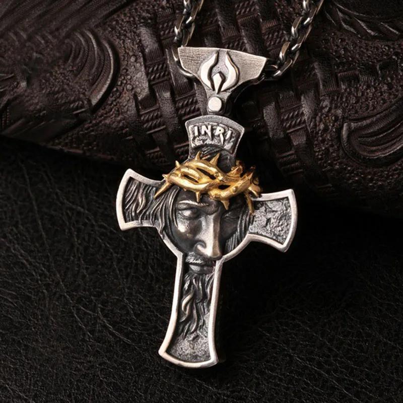 Retro Christus Jesus Kruzifix Anhänger Halskette Metallkette Schwerer Schmuck Geschenk Religiös Christlich Dornenkrone Groß Anhänger