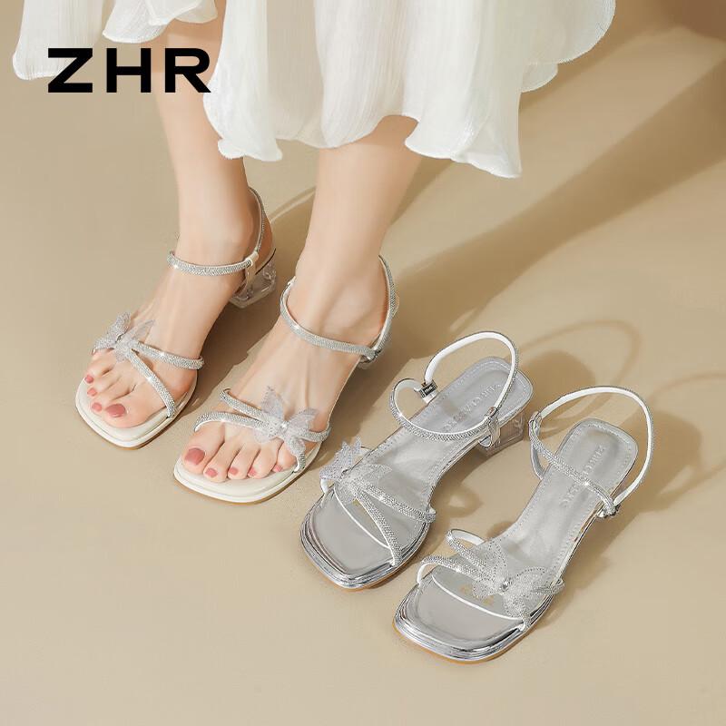 ZHR Women's Transparent Crystal Bow Chunky Heel Sandals