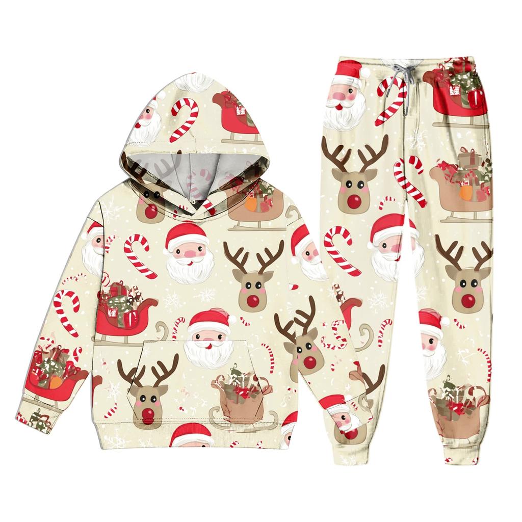 Kids Christmas Print Hooded Sweatshirt Set for Boys and Girls