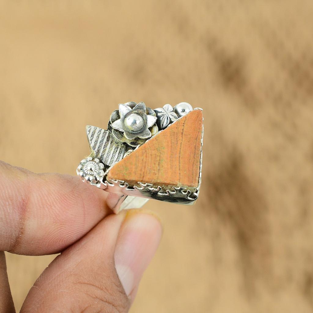 Gift For Her Natural Petrified Wood Promise Flower Adjustable Ring 925 Silver