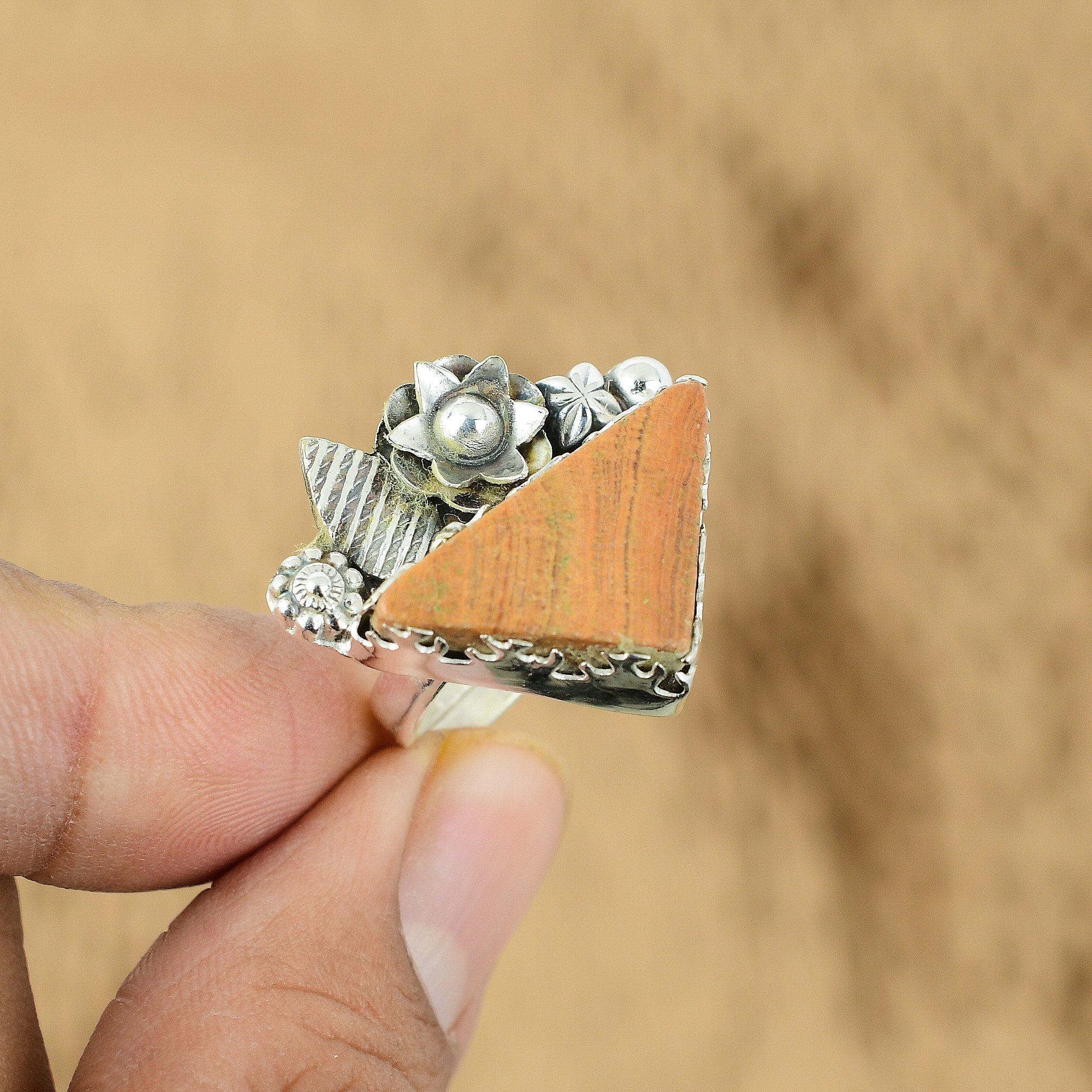 

Gift For Her Natural Petrified Wood Promise Flower Adjustable Ring 925 Silver Yes