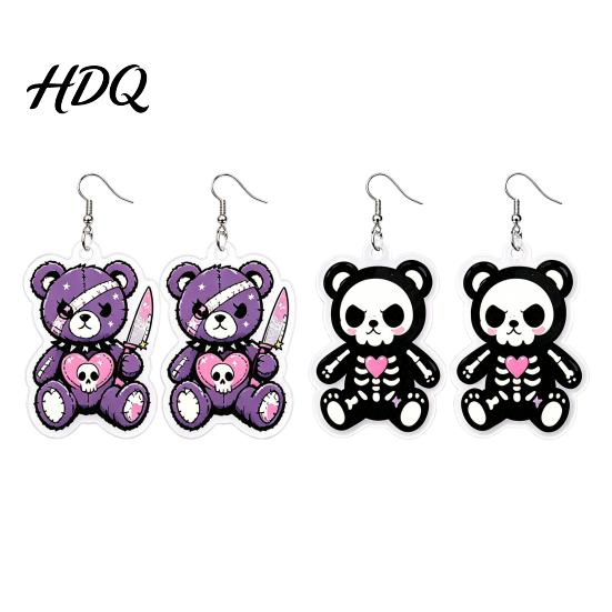 Eye Catching Theme Party Jewelry 1 Pair Halloween Dangle Earrings for Women 2D Acrylic Cute Gift Dark Style Lovers Skeleton Bear Earrings,