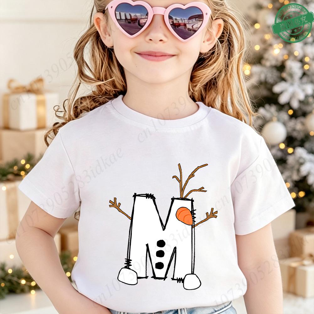 Christmas Cute Design A‑Z 26 Alphabet Printed Kids Tee Cotton O‑Neck Short Sleeve Boys Girls Winter Holiday Party Child Clothing
