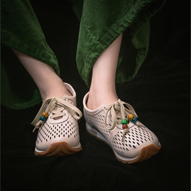 Johnature Genuine Leather Hollow-out Breathable Casual Shoes Lightweight Versatile Lace Up Women's Flat Shoes