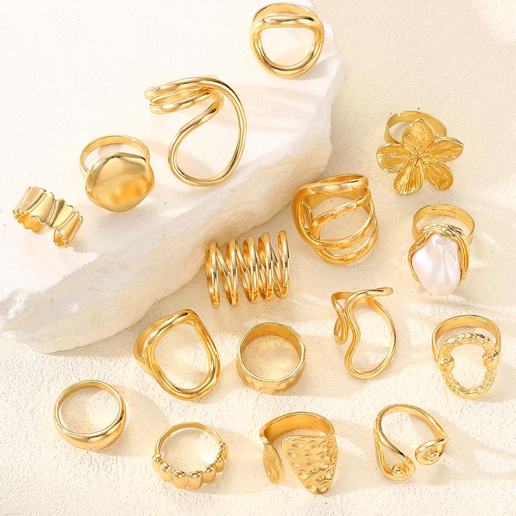 16pcs Gold Color Irregular Pearl Flower Rings Set For Women Fashion Boho Chunky Stackable Rings Party Daily Wear Jewelry Gifts