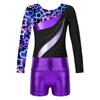 Girls Dance Set Long Sleeve Leotard Shiny Rhinestones Printed Patchwork Design Metallic High Waist Shorts