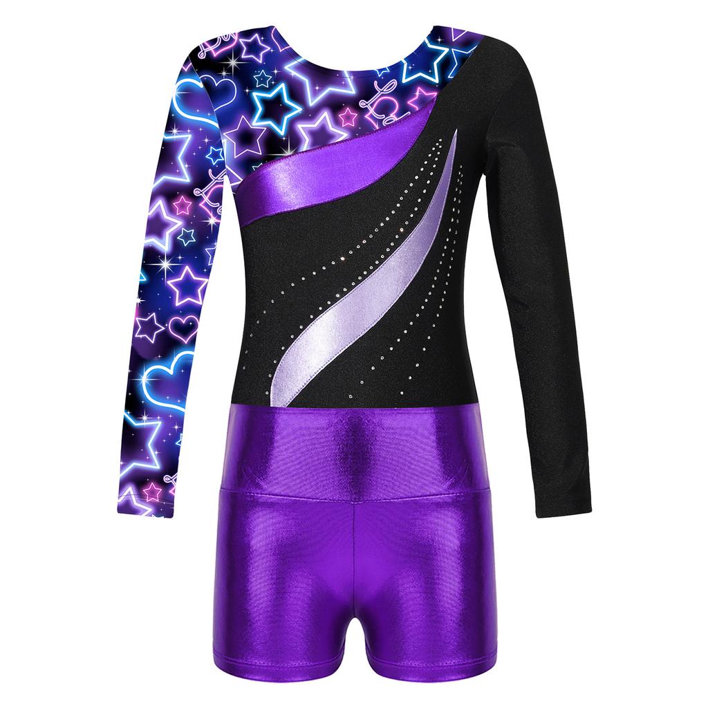 Girls Dance Set Long Sleeve Leotard Shiny Rhinestones Printed Patchwork Design Metallic High Waist Shorts
