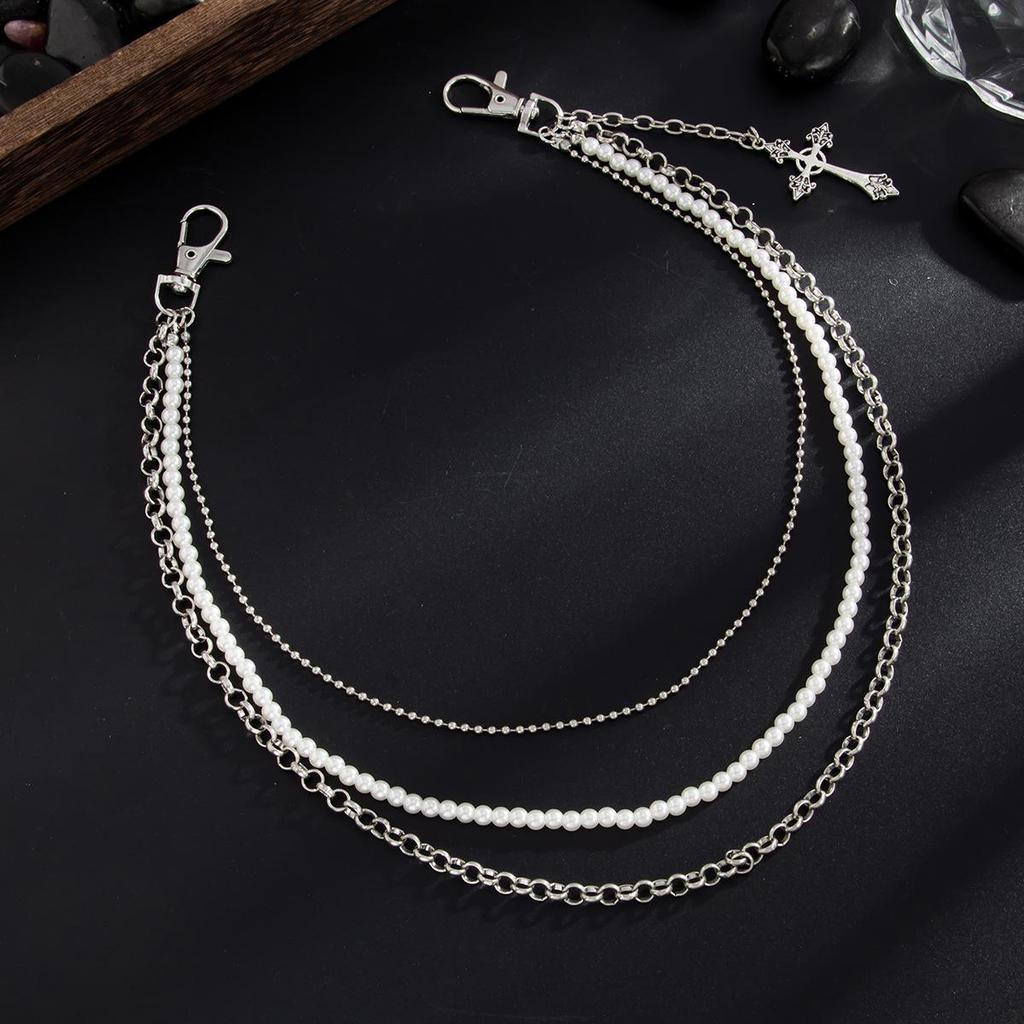 Punk Style Patchwork Pants Chain & Faux Pearl Beaded Waist Ornament - European & American Street Fashion