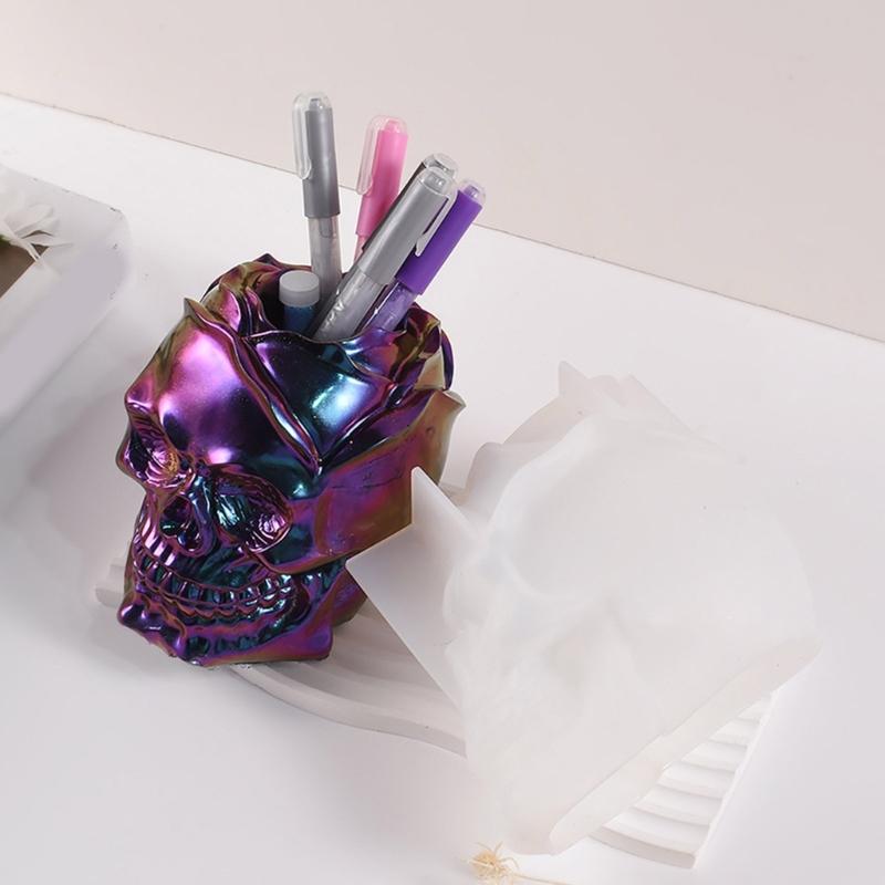 Rose Skull Pen Holder Flower  Silicone Molds Table Ornament Mould Plaster Making Tool Epoxy Resin Molds Easy to Clean