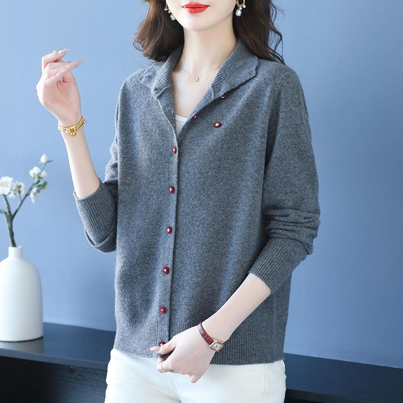 Puyuan Women's Pure Wool Lapel Knit Cardigan - Autumn/Winter Loose Fit Sweater Coat, Warm Slimming Style for Moms