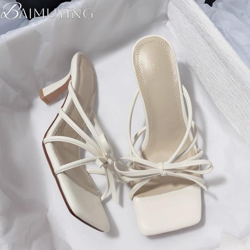 Fashion Bow Slippers Women High Heels Sandals Square Toe Shoes Elegant Summer 2025 Dress Luxury Pumps Trend Open Toe Shoes Casual Slides