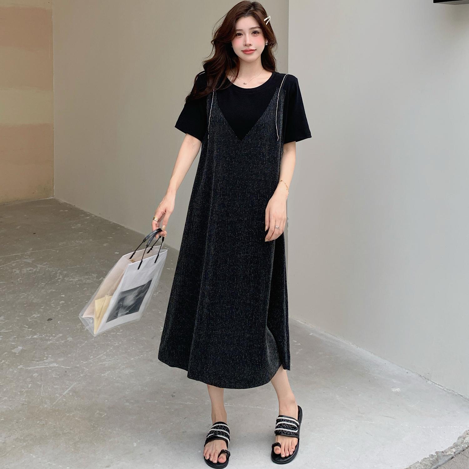 

DIMANAF 2025 Summer Plus Size Dress Women Loose Casual Dress Basic Vintage Short Sleeve Elegant Long Fake Tewo-Piece Dress 2XL чёрный