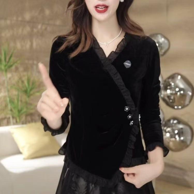 

2025 Velvet V-Neck Slim Fit Long-Sleeve Irregular Top for Women XXXL (115-130kg) чёрный