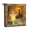 Personalized Halloween Display Shadow Box Frame DIY Lighted Craft Kit, Wooden Night Light with Seasonal Interior Decor Sea Glass Stones, Gothic