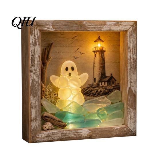 Personalized Halloween Display Shadow Box Frame DIY Lighted Craft Kit, Wooden Night Light with Seasonal Interior Decor Sea Glass Stones, Gothic