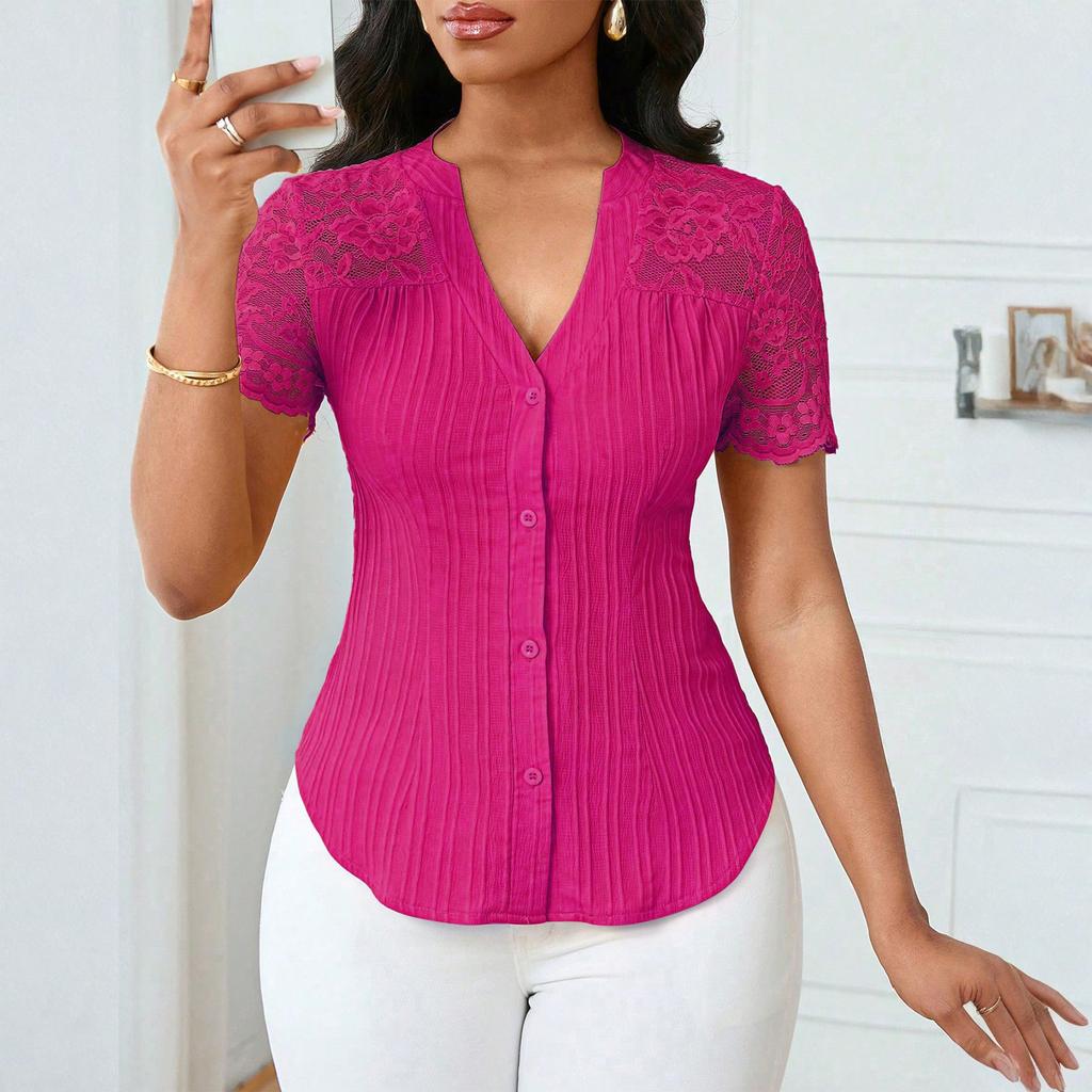 Women's Fashionable Versatile Single Breasted Color Slim Fit Embroidered Hollow Short Sleeved Top