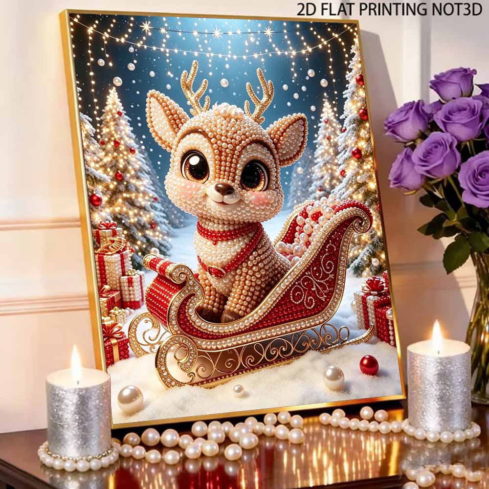 Pearl Bead Painting Kit Cute Christmas Reindeer Sleigh Pattern Art Set for Relaxing Night Craft DIY Home Decor Gift Handmade Ornament Wall Decor